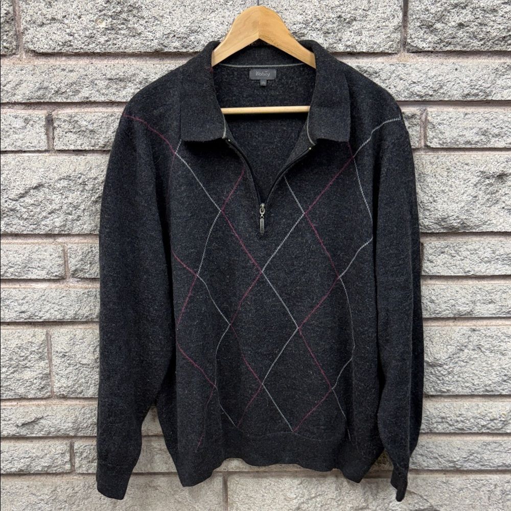 Men's Charcoal Argyle Zip-Up Sweater